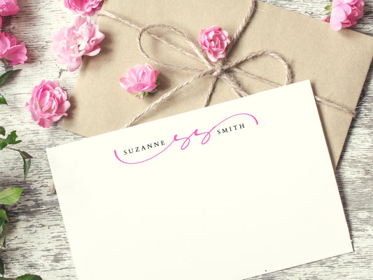Personalized Script Monogram Flat Note Card Set of 12, Modern Stationery for Couples , A7 Envelope