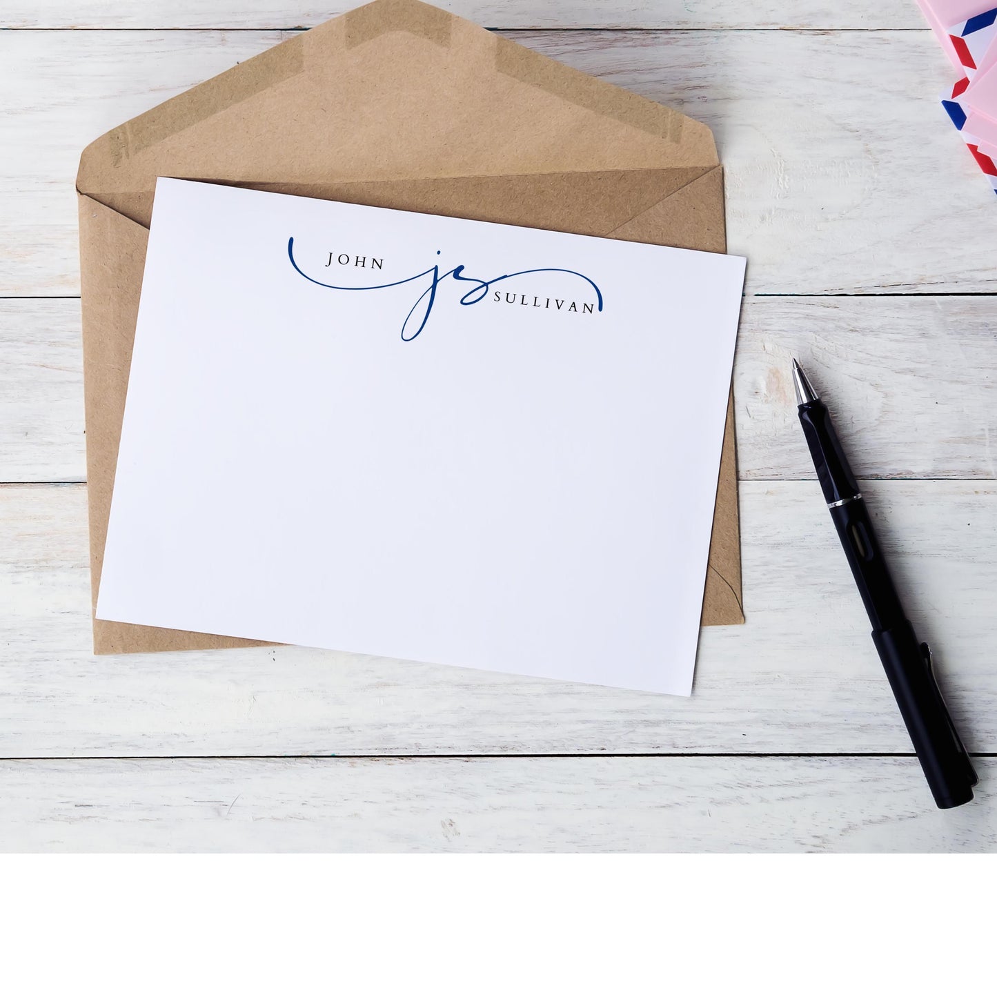 Personalized Script Monogram  Flat Note Card Set of 12, Modern Stationery for Couples , A7 Envelope