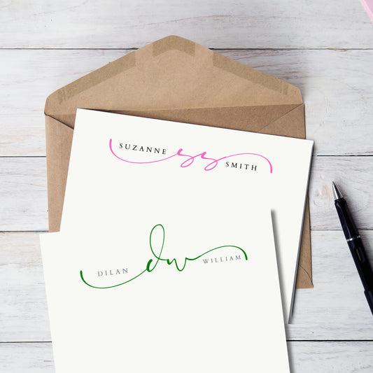 Personalized Script Monogram  Flat Note Card Set of 12, Modern Stationery for Couples , A7 Envelope